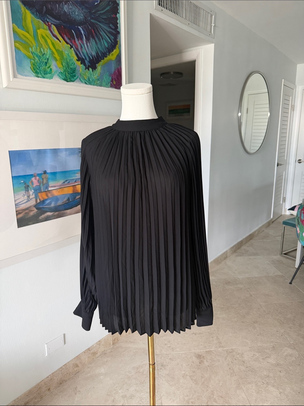 Adrianna Papell Black Pleated Long-Sleeve Blouse